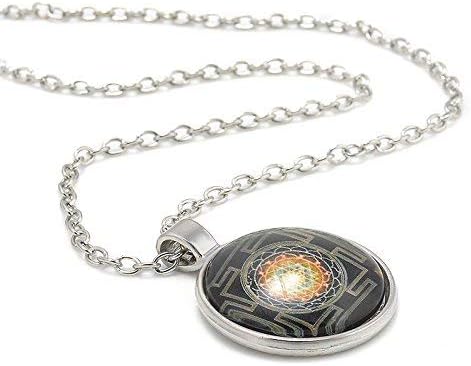 LANCOLD Fashion Sri Yantra Photo Cabochon Glass Pendant Silver Chain Necklace Jewelry