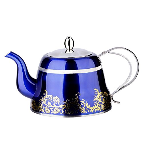 Blue Tea Pot with Infuser Loose Tea for Stovetop Stainless Steel Coffee Kettle 8 Cup Quick Boil Sturdy Teapot Hot Water Mirror Finish 2 Liter/2.1 Quart 68 Ounce by Onlycooker