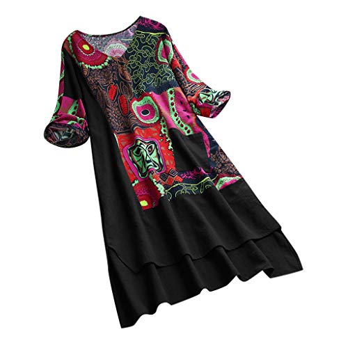 Women Boho Print Half Sleeves Pocket Dress Vintage Patchwork Dress High Low Hem wrap Dress Black