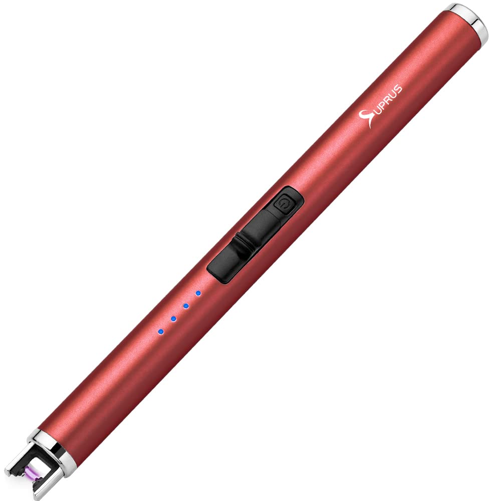 SUPRUS Candle Lighter Electric Arc Lighter Rechargeable USB Lighter Flameless Plasma with Safety Lock Switch for Camping BBQ Cooking (Red)