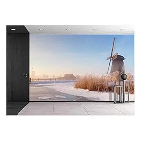 Traditional Dutch Windmills on a Beautiful Frosty and Foggy Morning - Removable Wall Mural | Self-Adhesive Large Wallpaper - 66x96 inches