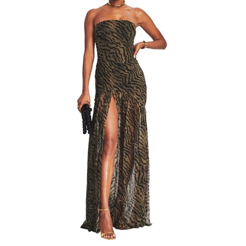 Women Tube Top Dress Tiger Stripe Mesh Patchwork Maxi Dress Strapless Sexy High Slit Long Dresses Party Clubwear