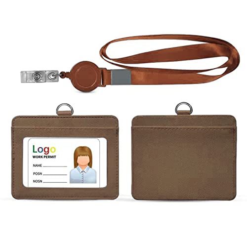 HYCOPROT ID Badge Holder 2-Sided Pu Leather with 1 Id Window and 1 Card Slot and 1 Piece 34.8 Inch Detachable Neck Lanyard id Card Holder for Office School Business Travel Student (Brown, Horizontal)