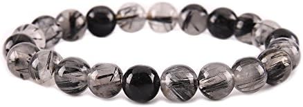 Viki98 Unisex 8MM Round Natural Gemstone Crystal Healing Power Beads Elastic Stretch Semi-precious Bracelet (black rutilated quartz)