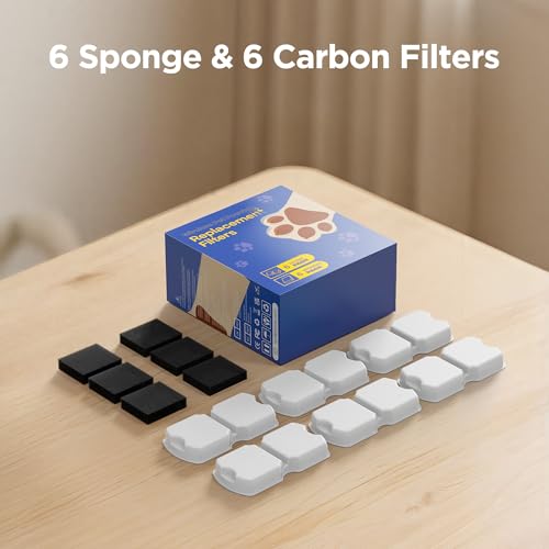 GIOTOHUN Cat Water Fountain Filter Replacement: 12 Cat Fountain Filter - 12 Pet Fountain Filter - 6 Carbon Filters & 6 Foam Filters - Suitable for GIOTOHUN Stainless Steel Cat Fountain S11