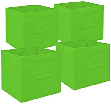 Small Collapsible Storage Cube - 4 Pack Set Collapsible Storage Trunks &amp; Containers - Fabric Pull Handle Baskets For Organizing Books, Toys, Clothing - Bright Fashionable Colors (Green)