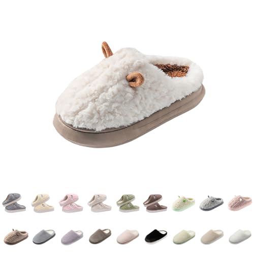 womens slippers uk Winter Slippers Women Fashion Warm Wide Fit Plush Slipper Casual Flat Home Shoes Cozy Memory Foam Non-Slip Soft Indoor Sliders Faux Fur Shoes fluffy slipper women White 5