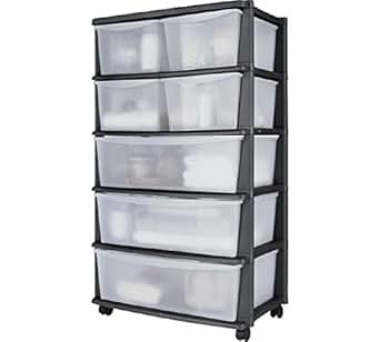 7 cajones anchos Plástico de almacenaje - negro, montado con ruedas