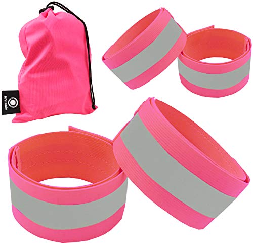 Reflective Bands for Wrist, Arm, Ankle, Leg. High Visibility Reflective Running Gear for Men and Women for Night Running Cycling Walking Bicycle. Safety Reflector Tape Straps. (Pink - 4 Bands)