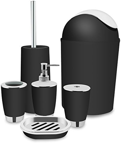 TEKITSFUN 6 Piece Plastic Bathroom Accessory Set, Luxury Bath Accessory Gift, Soap Dispenser, Lotion Dispenser, Soap Bar Holder, Tooth Brush Holder, Trash Can, Toilet Brush Set, Rinse Cup-Black