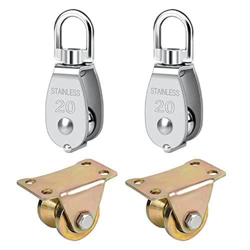 Iyowei 2Pcs M20 Single Pulley Block + 2Pcs V-shaped Wheel Rail, 304 Stainless Cable Steel Pulley Roller Crane Swivel Hook Gate Roller Rigid Track Castor for Ropes, Load Capacity 75 KG — image 1