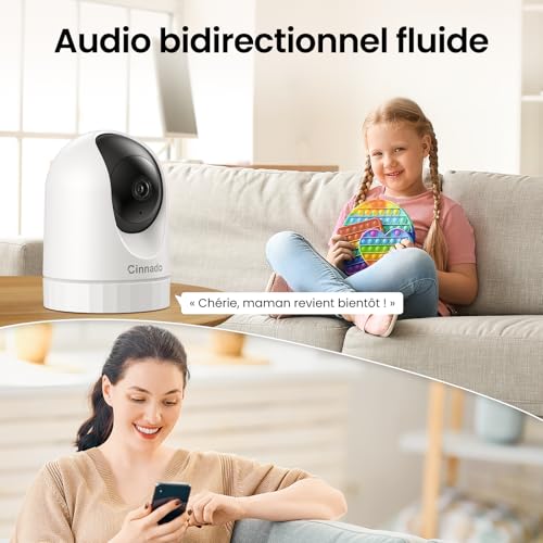 Cinnado 3MP Indoor Camera – 2K WiFi Surveillance Camera for Baby/Cat/Dog/Pets Connected Smartphone, AI Detection Intelligent Tracking 360 Degrees, Continuous Recording with MicroSD Card