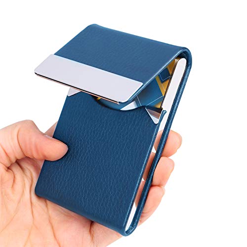 Business Card Holder Case - JuneLsy Professional PU Leather Business Card Case Metal Name Card Holder Pocket Business Card Carrier for Men & Women with Magnetic Shut (Blue-y) - Thumbnail 7