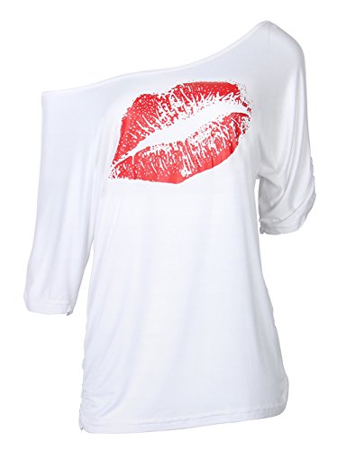 Smile fish Women Casual Oversized Sexy Lips Print Off Shoulder T-Shirt(White-red,M)