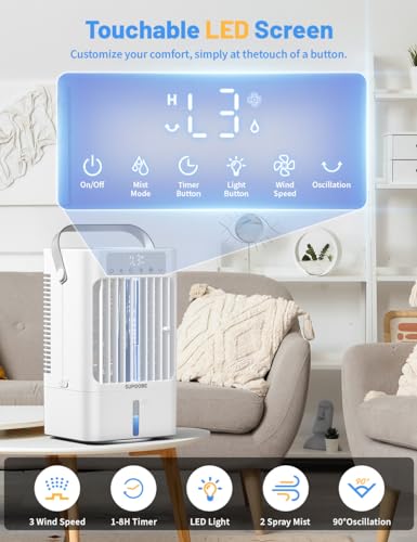 Climatiseur Mobile Portable,Refroidisseur D'air Silencieux 900 ml,4 en 1 Mini Climatisation USB Ventilateur,3 Vitesses de Ventilateur,2 Modes D'humidification Pour Personal,Maison,Bureau (Blanc)