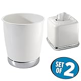 mDesign Wastebasket Trash Can with Facial Tissue Box Cover/Holder, 2 pc Bathroom Accessory Set - White/Chrome