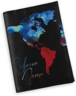 Premium Leather Passport Cover Holder Wallet Custom Art Design For True Traveler (Black Leather, Painted World Map)