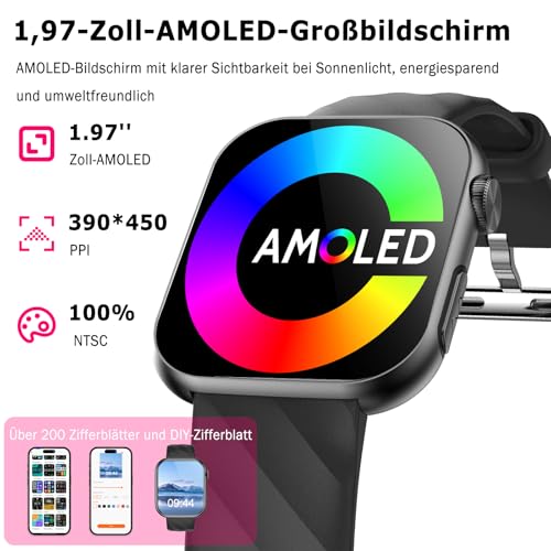 2026 Neu Smartwatch EKG+HRV/Blutdruckmessung/Harnsäure/BMI Herren Damen 1,97"AMOLED Gesundheitsuhr mit Telefonfunktion 24H Herzfrequenz Blutdruck Körpertemperatur SpO2, Schlaf-Monitor Fitnessuhr