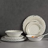Melamine Dinnerware Set for 4-12pcs Dinnerware Dishes Set for Indoor and Outdoor Use, Dishwasher safe, Unbreakable, Light Grey