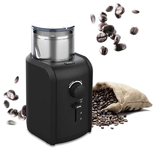 TTLIFE Electric Coffee Bean Grinder, Professional High Power motor with Grind Size, Cup Selection, Removable Stainless Steel Cup for easy cleaning, Cord Storage System, Herbs & Grains, Grinds Nuts, Black