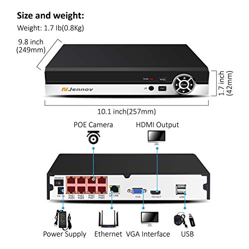 8 Channel POE Security Camera System, Jennov POE Security Camera System NVR Kit with 8 Outdoor suveillance Cameras 1080P HD Plug&Play Free APP Motion Detection Night Vision for Home Business(No HDD)
