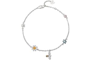 Izpack Cute Daisy Flowers Honeybee Sterling Silver Cubic Zirconia Bracelet - Silver with Colorful Crystals - 73 Inch Link Chain - Fine Jewelry - Female - Adult - Floral Collection