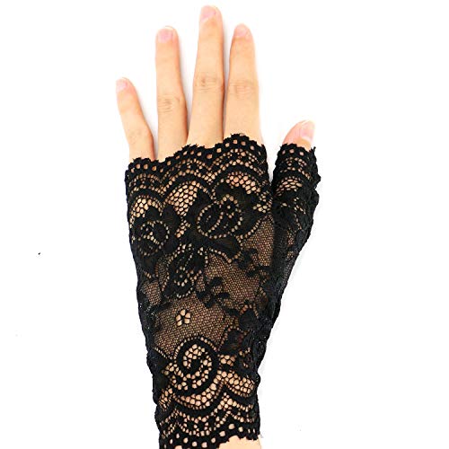Buorsa Black Short Lace Half Finger Gloves UV Protection Fingerless Gloves Women's Floral Lace Gloves Party Driving Wedding - Thumbnail 4