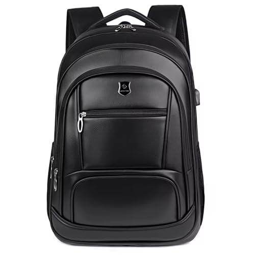Mochila Masculina de Couro Preta, Impermeável, com Compartimento para Notebook, 46x32x17 cm
