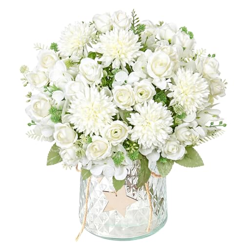 DEMIUKO 2 Bundles Artificial Flowers White Hydrangea Bouquet Spring Flowers Artificial Roses Like Real Fake Silk Flowers Decoration for Wedding Party Kitchen Table Home