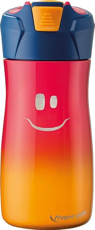 - Botella de Agua - Colección Concept Kids - Botella de Acero Inoxidable de 430 ml - Color Rosa - Fácil de Abrir con Botón de Bloqueo - Incluye un Asa - Limpieza Sencilla