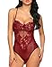 ADOME Womens Valentines Day One Piece Lingerie Lace Fishnet Teddy Bodysuit Mesh Babydoll Romper Jumpsuit Dark Red S