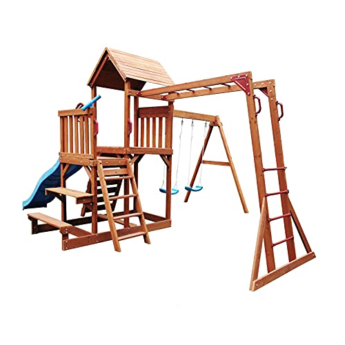 ALEKO Ultimate Swingset with Canopy, Slide, Climbing Wall, and Monkey