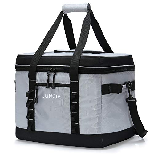 LUNCIA Cooler Bag 60-Can Leakproof Collapsible Cooling Bag, Insulated Portable Tote, 30L Soft Sided Cooler for Picnic, Camping, Hiking, Grey