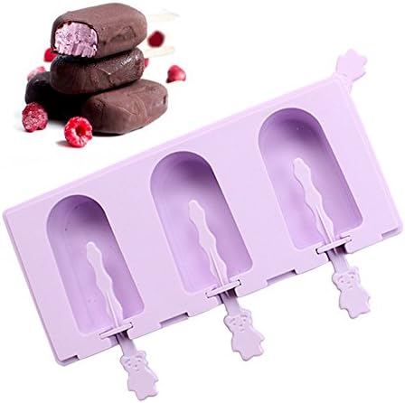 Ice Pop Molds, Dsar 3 Cavities Cute Classic Silicone Popsicle Molds Ice Cream Molds with Lid and 3 Small Bear Sticks for Kids (A)