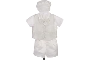 Dressy Daisy Infant Baby Boys' Christening Clothing Baptism Outfit 5 Pieces Suit Set with Bonnet, Short Sleeves, Ivory White