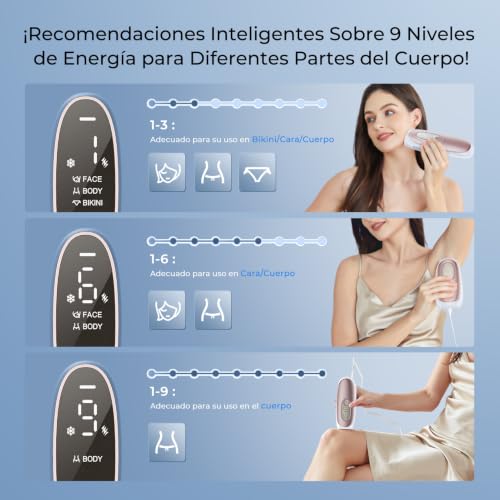 Depiladora Laser con Tecnología de Refrigeración con Zafiro, Depiladora Luz Pulsada Flashes Ilimitados, 2 Modos, 9 Niveles de Intensidad para Bikini, Axilas, Cara, Cuerpo, Mujeres y Hombres, Rosa