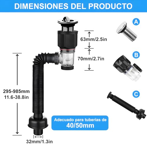 Kit de drenaje para lavabo, canal de desagüe antiolor, con propiedades anti-obstrucción, manguera extensible y ventana de inspección transparente para un fácil mantenimiento e instalación rápida
