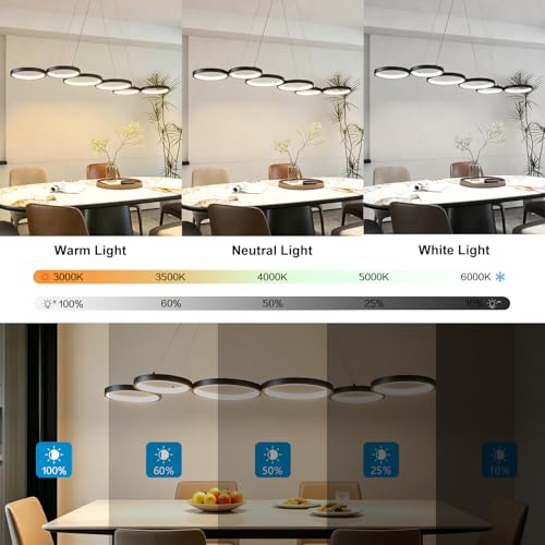 Liyabber Lampada a Sospensione LED Dimmerabile 113cm 69W Nero | Lampadario Moderno Design a 6 Anelli con Telecomando, Altezza Regolabile Lampada Sospesa per Tavolo da Pranzo, Soggiorno