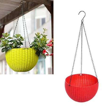 Antier (Yellow and Red) 2 pcs Round Plastic Resin Chain Basket Hanging Planter Hanging Flowers and Plants,Growers