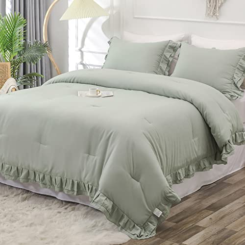 YOZEN Sage Green Double Ruffle Comforter Set King