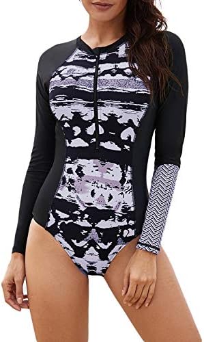 Azokoe Womens Summer Beach Printed Zip Front Maillot One Piece Swimsuit Swimwear