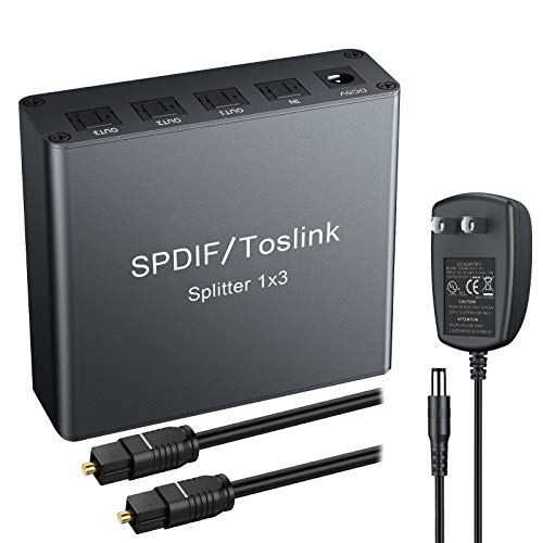 eSynic 1X3 SPDIF Toslink Optical Digital Audio Splitter Aluminum Alloy 1 in 3 Out with 6.6ft Optical Cable DC Power Adapter Support LPCM 2.0 DTS Dolby-AC3 Suitable for PS3/4 Blue-Ray DVD Players