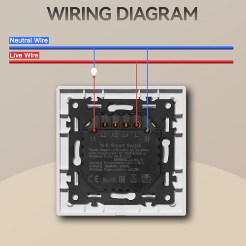 BSEED Smart Wall Touch Switch, Glass Panel, Push Button with LED Lights, Easy to Clean, E-Series, 1 Gang 1 Way, 86 mm White