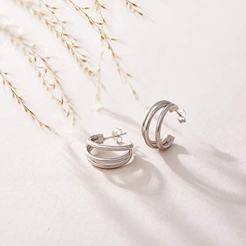 SWEETV 925 Sterling Silver Hoop Earrings for Women Chunky Triple Hoop Earrings Hypoallergenic Huggie Hoop Earrings