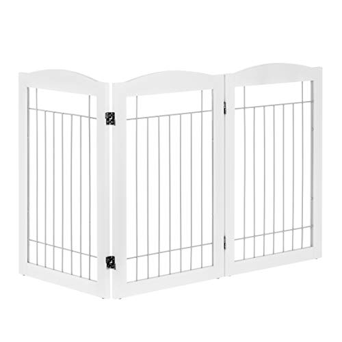 Spirich Freestanding Wire Pet Gate for Dogs, 60 inches Extra Wide, 30 inches Tall Dog Gate for The Houes, Doorway, Stairs, Pet Puppy Safety Fence, White with Sliver Wire- 3 Panels（NO Included FEET)