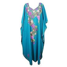 Mogul Interior Womens Caftan Maxi Dress Turquoise Embroidered Kaftan One Size