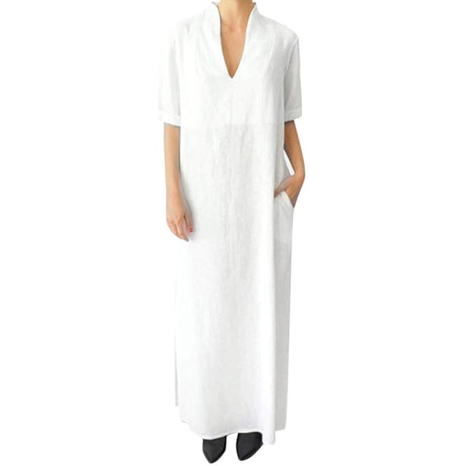 Rosennie Damen Kleider Elegant Sommerkleid Casual Plus Size Lose Maxi Kleid Baumwolle Kleid Sommer Kurzarm V-Ausschnitt Leine