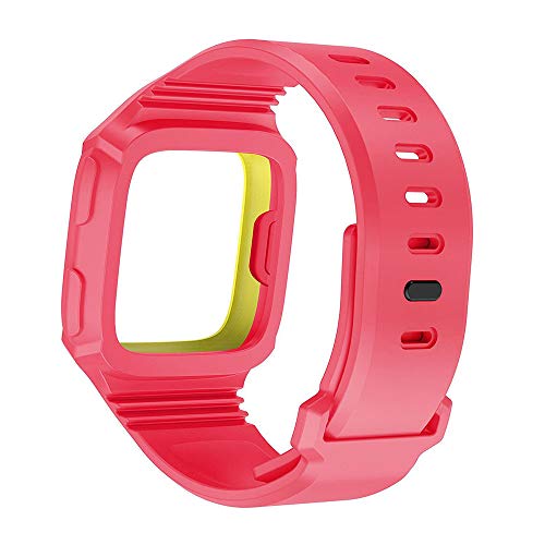 Saying Rugged Protective Case With Silicone Wrist Strap Bands for Fitbit Versa, Easy Installation and Remove (Pink + Yellow)