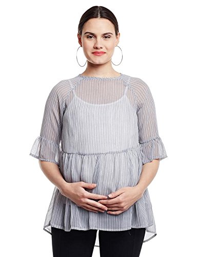 Women's Polyester 3/4th Sleeves Maternity Striped Top (Off-White)
