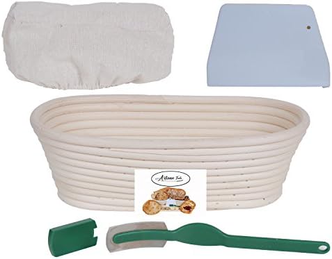 Banneton Bread Proofing Basket Oval 9.5" 4 pcs- For Traditional and Professional Artisan Bread Bakers + Brotform Bread Rising Basket + Cloth Liner + Dough Scraper + Bread Lame+100% Organic Rattan Cane